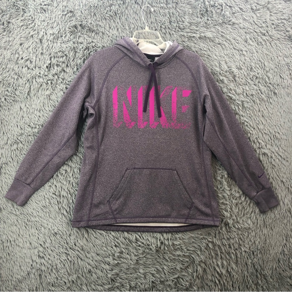 Nike Sweatshirt Womens Large Distressed Spellout Purple Kangaroo Pocket Hoodie